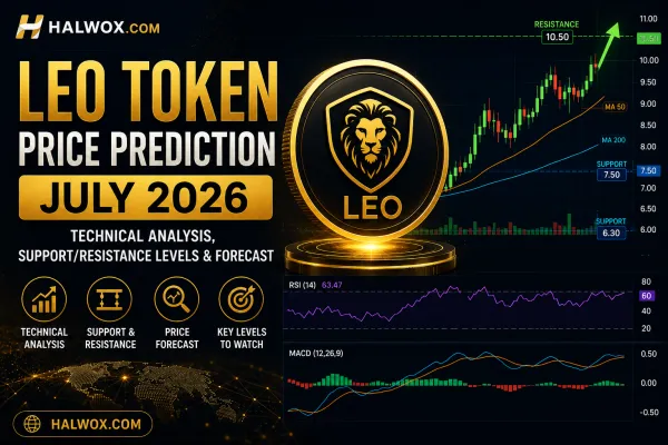 LEO Token (UNUS SED LEO) price prediction chart with support and resistance levels, July 2026