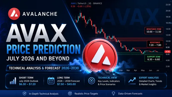 AVAX price prediction chart showing Avalanche technical analysis, support and resistance levels, and July 2026 market outlook.