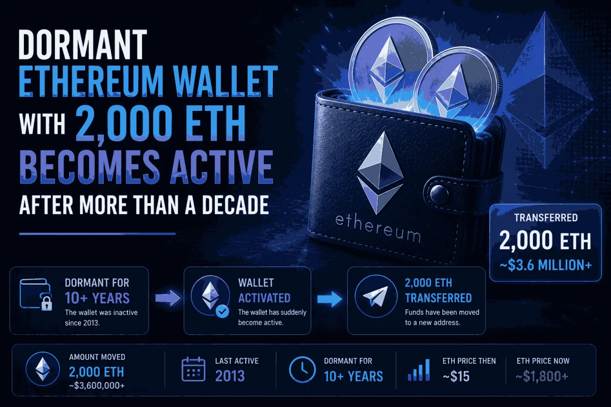 Dormant Ethereum wallet holding 2,000 ETH becomes active after 11 years of inactivity.