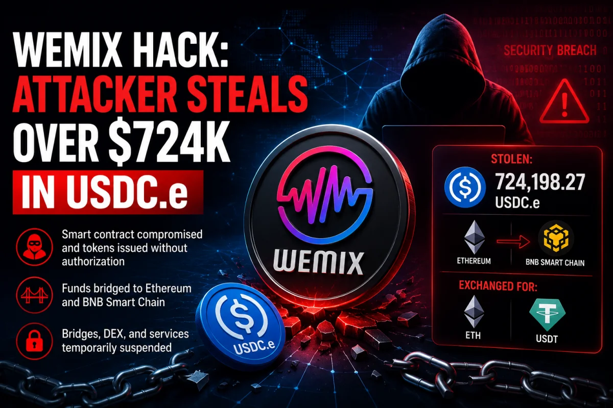 WEMIX has confirmed a security breach after an attacker created unauthorized tokens and stole more than $724,000 in USDC.e. The blockchain network has suspended bridges while the investigation continues.