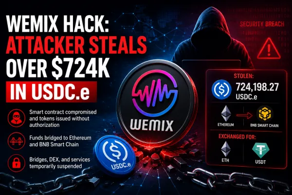 WEMIX has confirmed a security breach after an attacker created unauthorized tokens and stole more than $724,000 in USDC.e. The blockchain network has suspended bridges while the investigation continues.